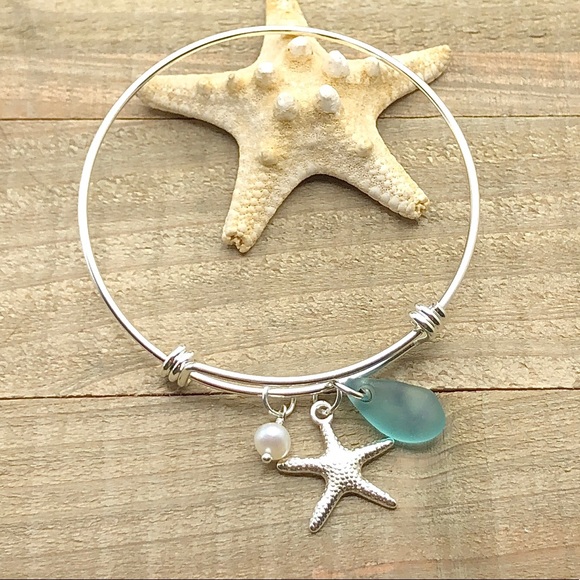 Artisan Jewelry - Sea Glass And Pearl Starfish Charm Bracelet| Genuine Seaglass| Beach Jewelry